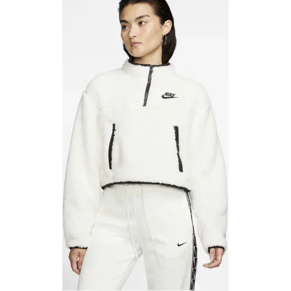 NEW! Nike Sportswear Quarter Zip Crop Sherpa Plush Fleece Shirt Ivory Black SZ M